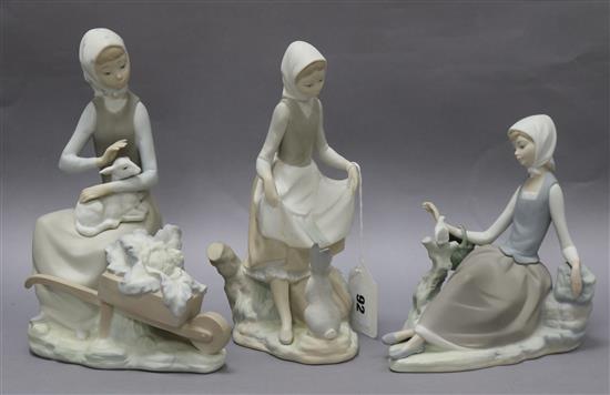 Three Lladro groups of girls with animals tallest 23cm